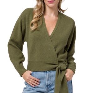 WAYF Olive Green Knit Wrap Sweater – Tie Waist, Size S